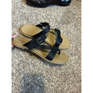 Crocs Tulum Toe Post Sandals Women's Size 9 Thongs Buckle Black Tan EUC